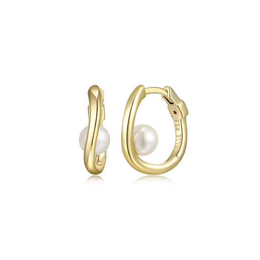ELLE "Luna" Sterling Silver White Pearl on 16mm Hoop Earrings - Gold