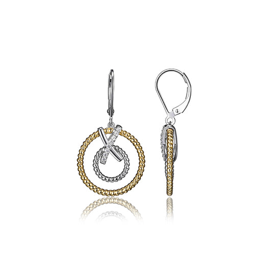 Charles Garnier Sterling Silver "LINQ" Double Circle Leverback Dangle Earrings with CZ - Silver and Gold