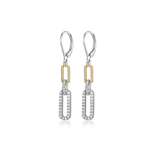Charles Garnier Sterling Silver "PAPERCLIP" Rope and Cubic Zirconia Link Dangle Earrings - Silver and Gold
