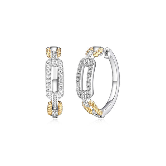 Charles Garnier Sterling Silver "PAPERCLIP" Rope and Cubic Zirconia Link 25mm Hoop Earrings - Gold and Silver