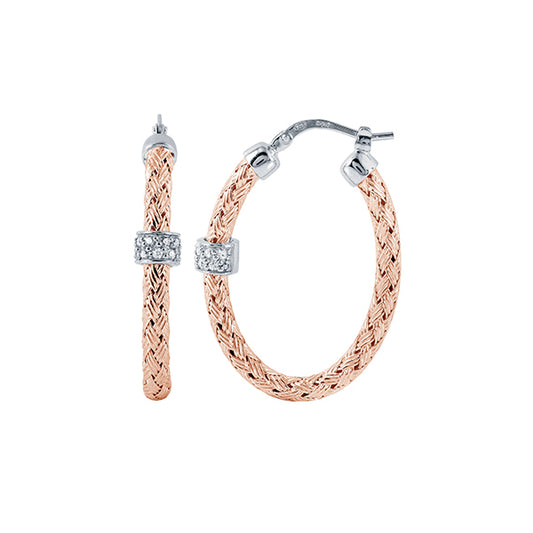 Charles Garnier Diamondlite Sterling Silver "TORINO OVAL 35" 3mm Woven Oval Hoop Earrings - Silver and Rose Gold