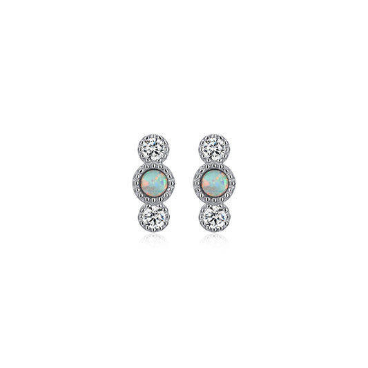 Diamondlite Cubic Zirconia and 3mm Round Created Opal Delicate Bezel 3-stone Stud Earrings - Silver