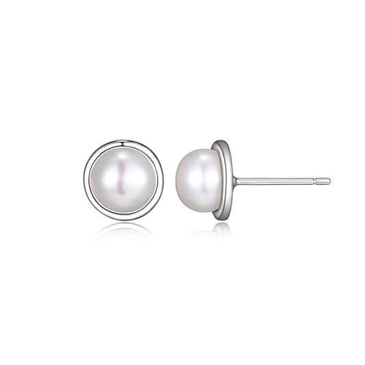 7mm Genuine Round Pearl Stud Earrings in Sterling Silver - Silver