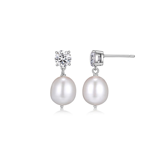 Diamondlite Cubic Zirconia 6mm and 11x9mm Genuine Oval Pearl Drop Earrings in Sterling Silver - Silver