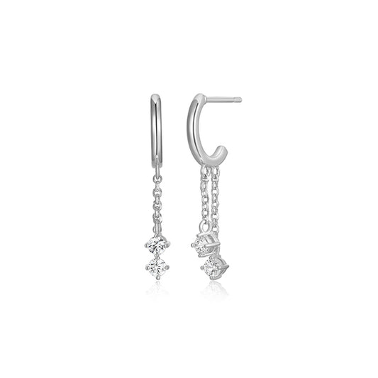 Diamondlite Cubic Zirconia Double Round Chain Drop Half Huggie Earrings - Silver