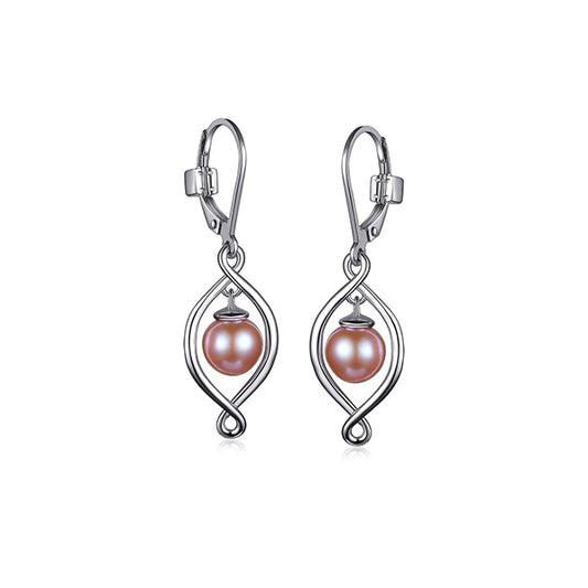 ELLE "Majestic" Sterling Silver Genuine Pink Pearl Short Leverback Earrings - Silver