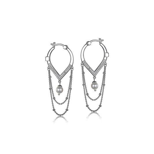 ELLE "Majestic" Sterling Silver Pearl and CZ "V" shaped Chain and Bead Hoop Earrings - Silver