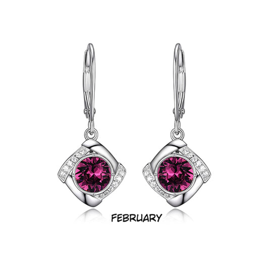 ELLE FEB "Birthstone" (Amethyst) and Signity Cubic Zirconia with Lever Back Earrings