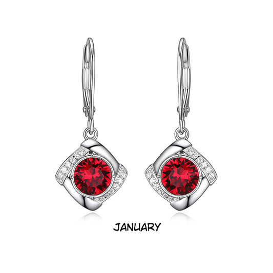 ELLE JAN "Birthstone" (Siam) and Signity Cubic Zirconia with Lever Back Earrings