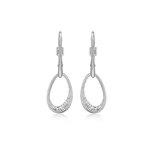 ELLE "Lake Mirror" Sterling Silver Oviform Pave Cubic Zirconia Dangle Earrings - Silver