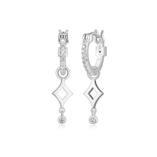 ELLE "Stellar" Sterling Silver Rhodium Plated Plain Rhombus Drop with Cubic Zirconia Hoop Earrings - Silver