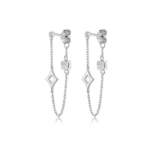 ELLE "Stellar" Sterling Silver Rhodium Plated Plain Rhombus with Cubic Zirconia Stud and Chain Earrings - Silver
