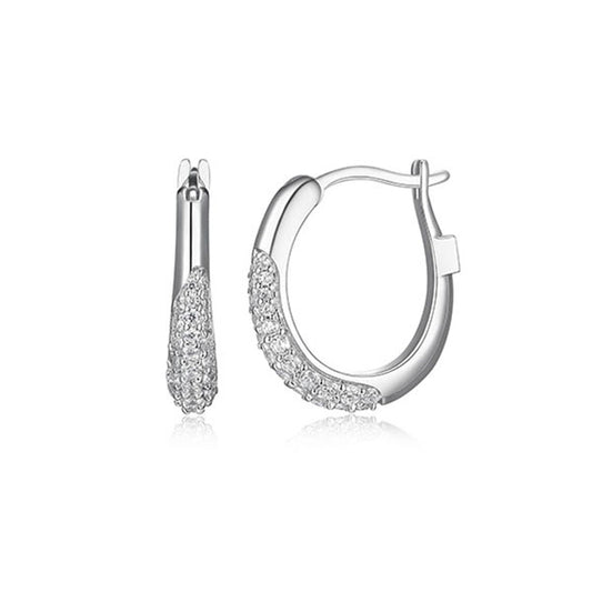 ELLE "Caramel" Pave Cubic Zirconia 17x15mm Oval Hoop Earrings - Silver