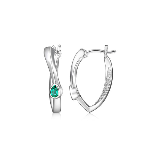 ELLE "Swing" Emerald and Pave Cubic Zirconia Twisted Pear Shape Hoop Earrings - Silver
