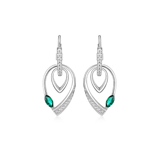ELLE "Swing" Emerald and Pave Cubic Zirconia Double Pear Shape Dangle Earrings - Silver