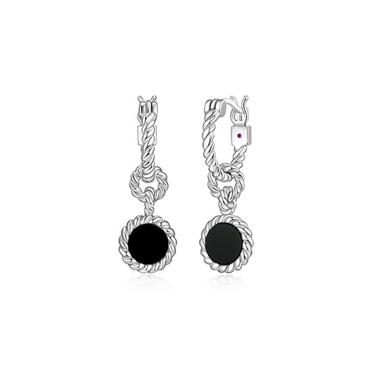 ELLE "Nautical" 6mm Agate Drop with Rope Trim Hoop Earrings - Black
