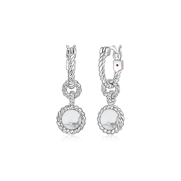 ELLE "Nautical" 6mm Round Howlite Drop with Rope Trim Hoop Earrings - Silver