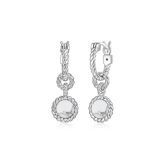 ELLE "Nautical" 6mm Round Howlite Drop with Rope Trim Hoop Earrings - Silver