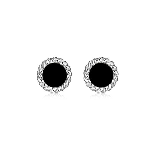 ELLE "Nautical" 6mm Round Agate with Rope Trim Stud Earrings - Black