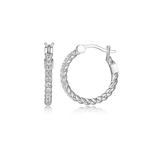 ELLE "Nautical" Rope Finish with Cubic Zirconia 18mm Round Hoop Earrings - Silver