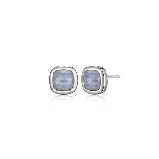 ELLE "Mirage" Cushion Cut Bezel Set Blue Lace Agate Stud Earrings - Silver