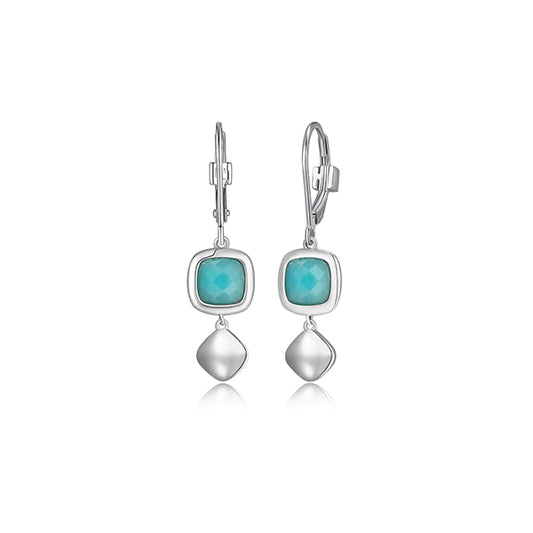 ELLE "Mirage" Cushion Cut Amazonite Bezel Set Dangle Leverback Earrings - Silver
