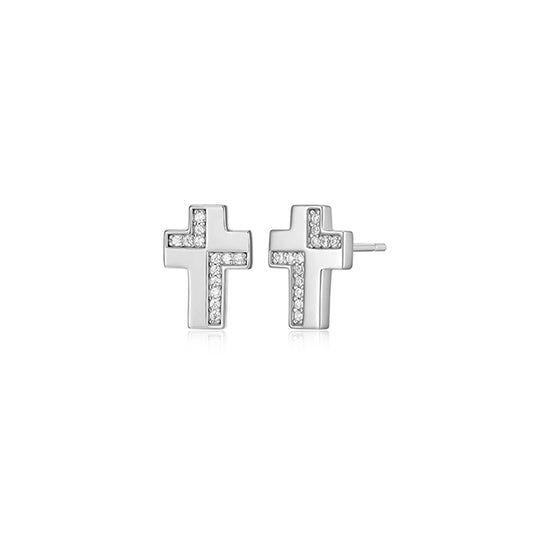 ELLE "Motif" Cross with Cubic Zirconia Stud Earrings - Silver
