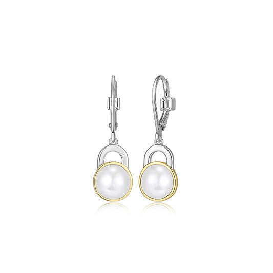 ELLE "Parallel" Sterling Silver Bezel Set with White Pearl Lever Back Earrings - Silver and Gold