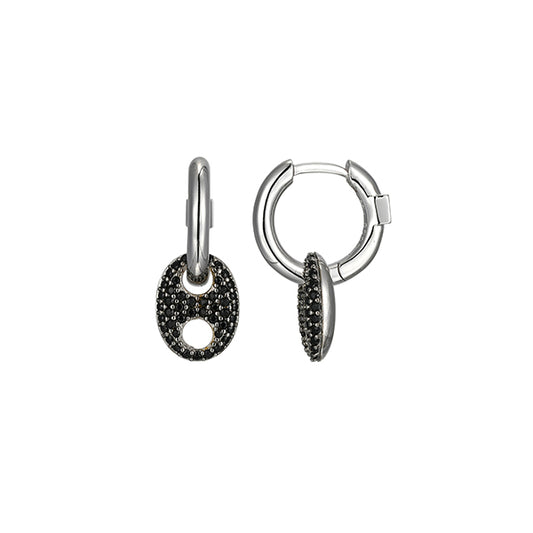 ELLE "Espion" Sterling Silver Pave Black Crystal Drop Hoop Earrings - Silver