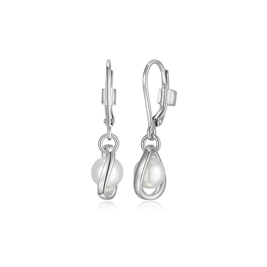 ELLE "Luna" Sterling Silver White Pearl Drop Lever Back Earrings - Silver
