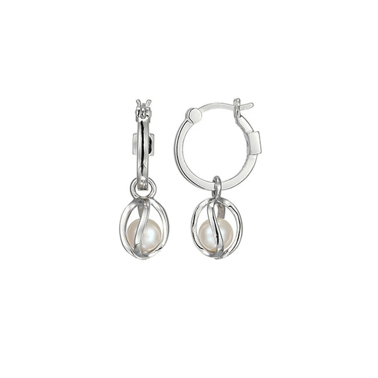 ELLE "Luna" Sterling Silver White Pearl and Cage 15mm Hoop Earrings - Silver