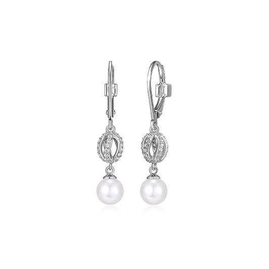 ELLE "Luna" Sterling Silver White Pearl and Cubic Zirconia Dangle Lever Back Earrings - Silver