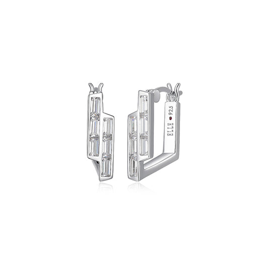 ELLE "Baguette" Straight Baguette Cubic Zirconia Bypass Off Square Hoop Earrings - Silver