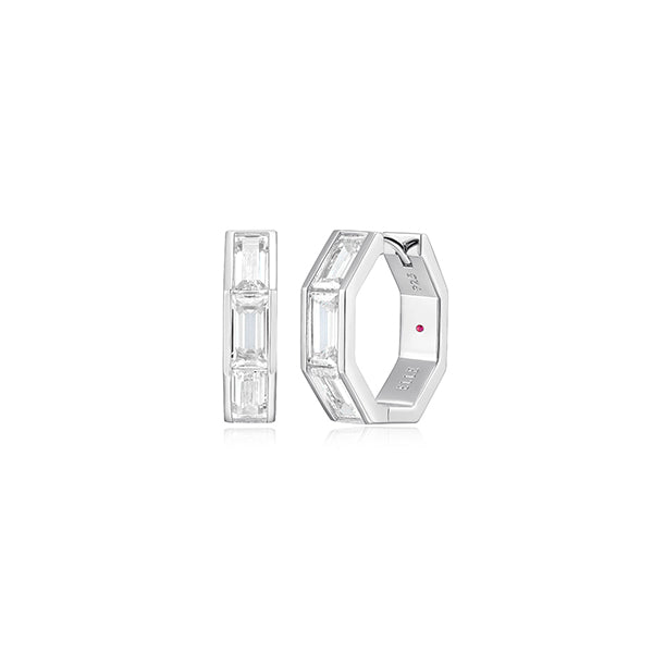 ELLE "Baguette" Straight Baguette Cubic Zirconia Octagon Shape Hoop Earrings - Silver