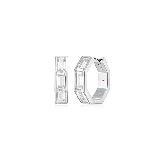ELLE "Baguette" Straight Baguette Cubic Zirconia Octagon Shape Hoop Earrings - Silver