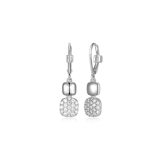 ELLE "Lookout" Cubic Zirconia Double Cushion Lever Back Drop Earrings - Silver