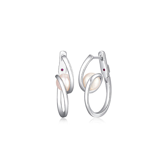 ELLE "Luna" Round Genuine White Pearl Twist Hoop Earrings - Silver