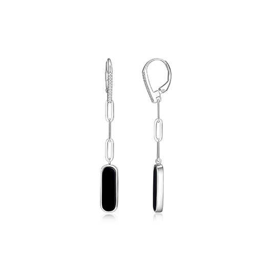 Charles Garnier Sterling Silver "Paperclip" Oval Black Agate with CZ Leverback Earrings - Silver
