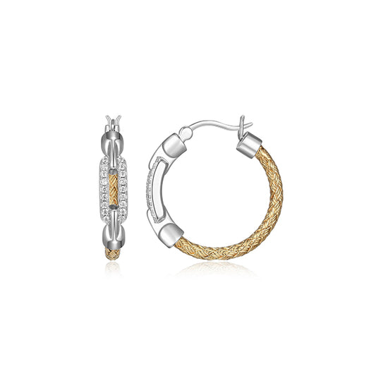 Charles Garnier Sterling Silver "Paperclip" Woven Tube Link with CZ Hoop Earrings - Silver and Gold
