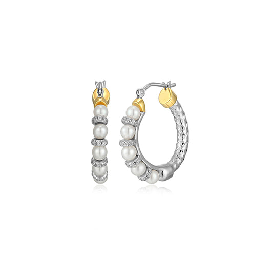 Charles Garnier Sterling Silver "New Mesh" Genuine Pearl & CZ Hoop Earrings - Silver and Gold