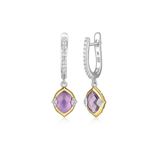 Charles Garnier Sterling Silver "Prism" Genuine Amethyst & CZ Hoop Earrings - Silver and Gold