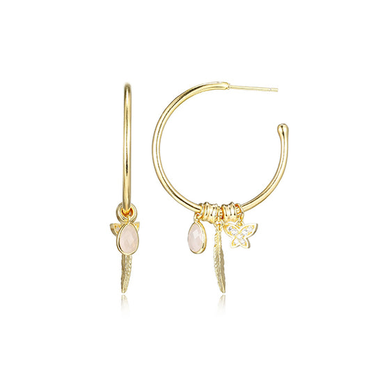 Poetic Collection 30mm Diamondlite Cubic Zirconia Butterfly Rose Quartz and Feather Charm Earrings - Gold