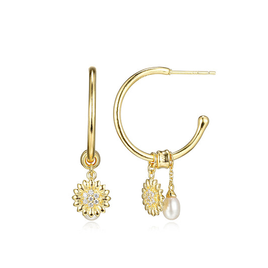 Poetic Collection 22mm Diamondlite Cubic Zirconia and Genuine Pearl Flower Medallion Charm Earrings - Gold