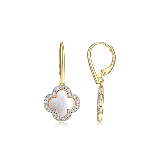 Charles Garnier Sterling Silver "Bliss" Mother of Pearl with CZ Clover Leverback Earrings - Gold