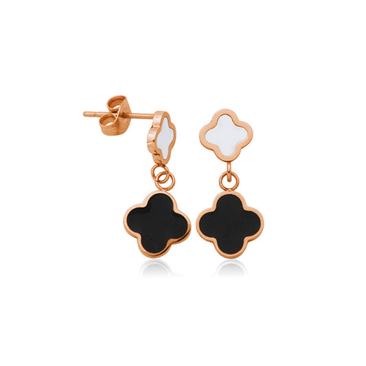 CJ Steelx IP Rose Clover Stainless Steel Earring with Black Enamel