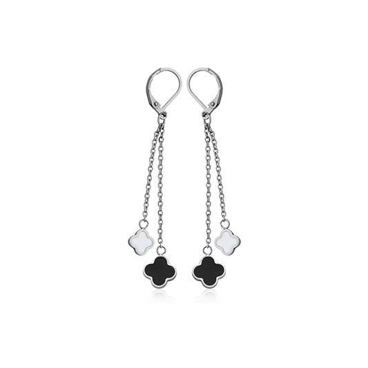 CJ Steelx Clover Dangle Stainless Steel Earring with Black and White Enamel