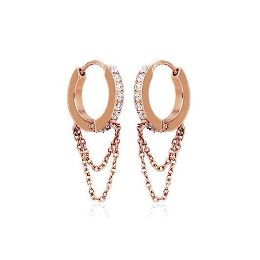 CJ Steelx 14.5mm CZ and Double Chain Huggie Hoop Earrings - Rose Gold