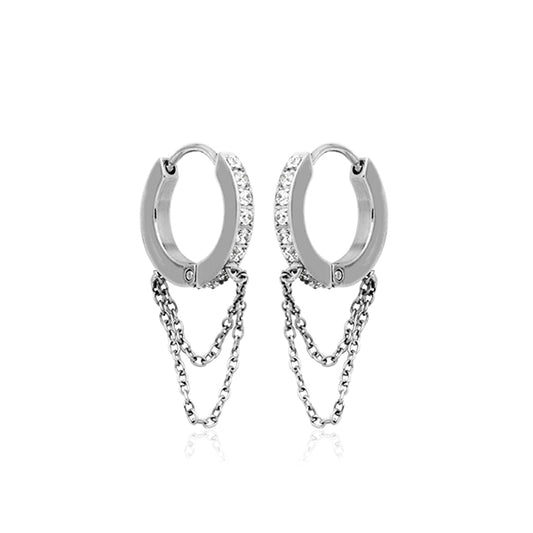 CJ Steelx 14.5mm CZ and Double Chain Huggie Hoop Earrings - Silver