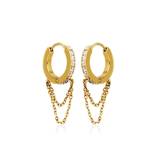 CJ Steelx 14.5mm CZ and Double Chain Huggie Hoop Earrings - Gold