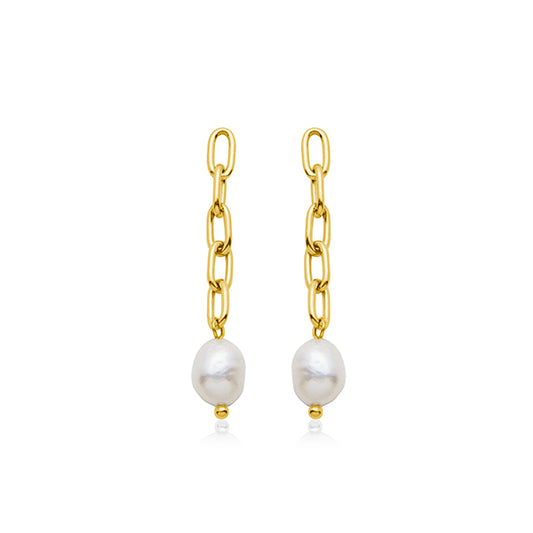 CJ Steelx Link Earrings with Fresh Water Pearl - Gold